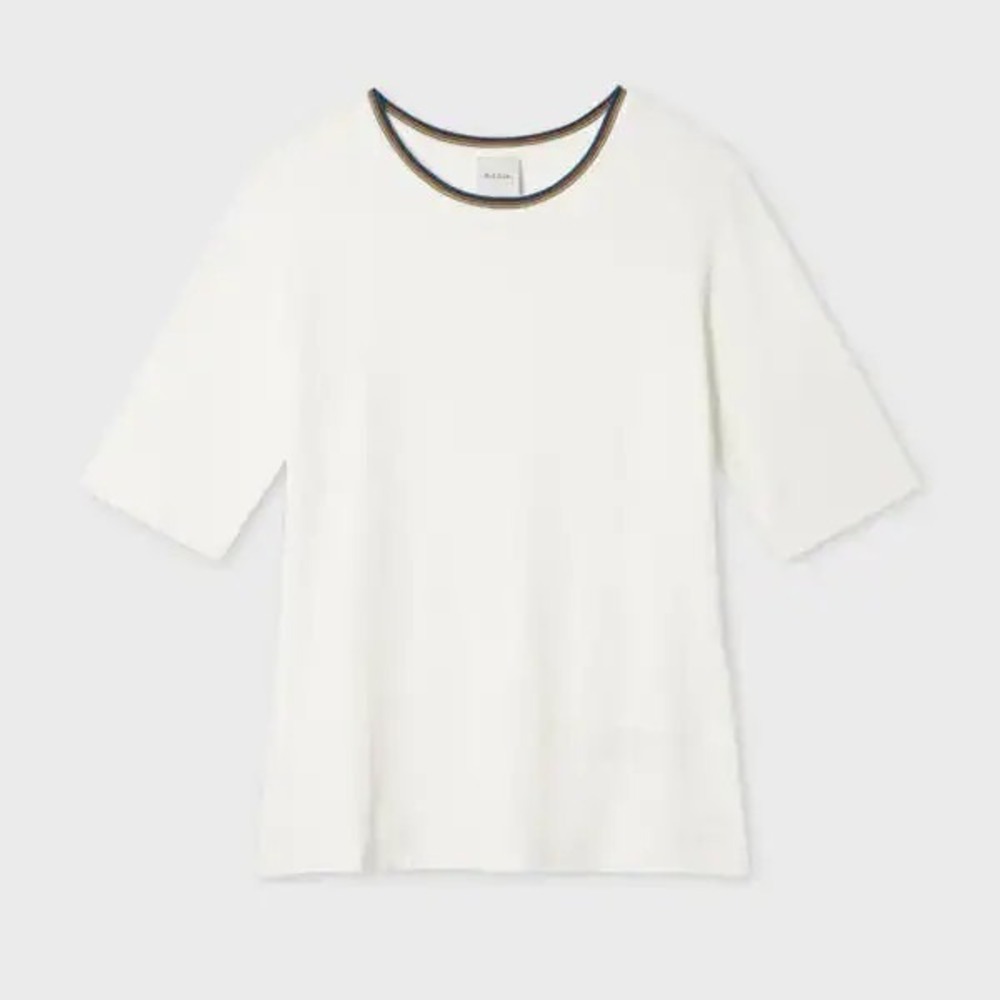 Paul Smith Women's Cream T-Shirt Signature Stripe Ringer Neck Short Sleeve Tee